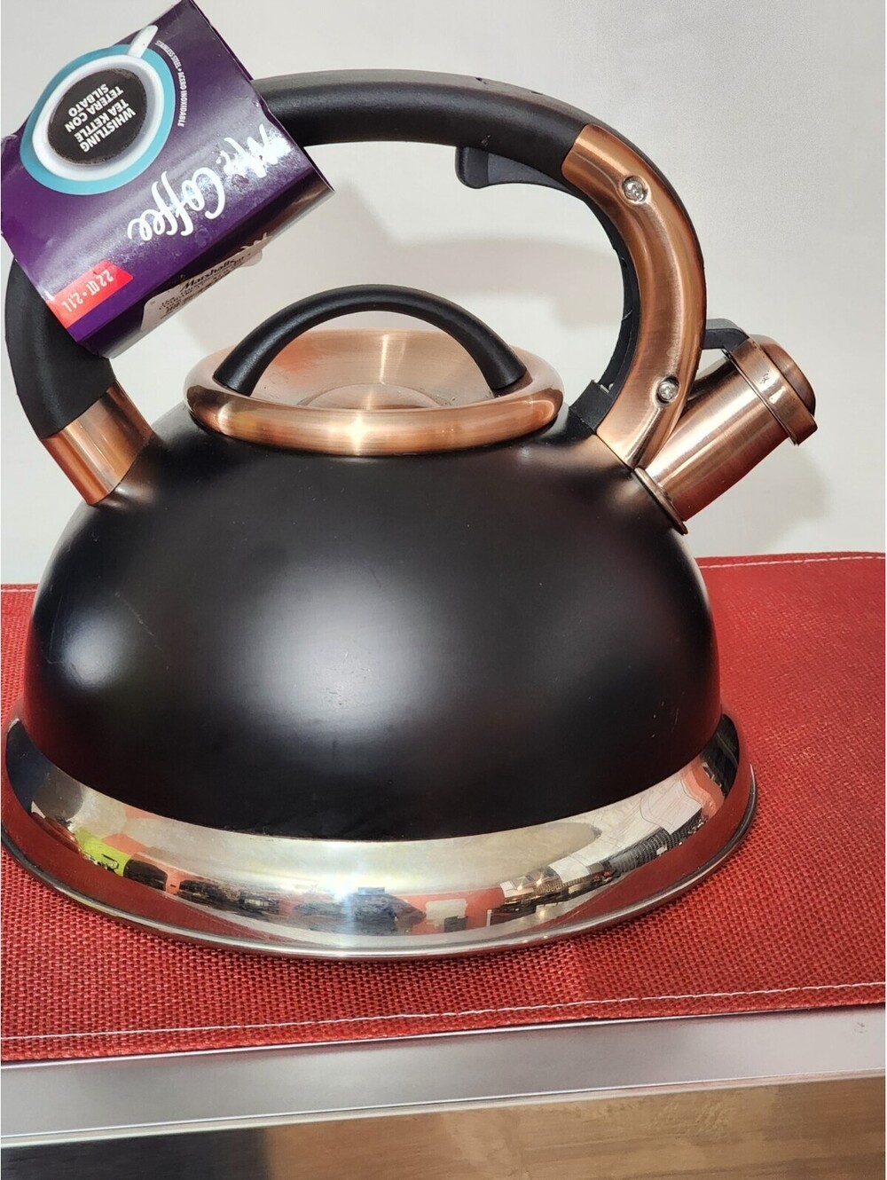 Mr Coffee Stainless Steel Whistling Tea Kettle 2.5 Q Brushed Silver Black Handle